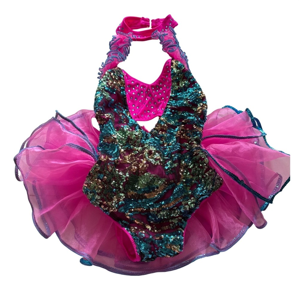 Glamour Costumes Girls Pink Sequin Tutu Dance Leotard Halter Size LC Jazz Stage
